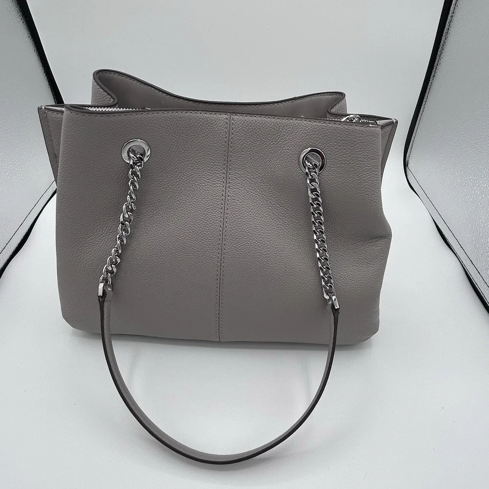 Michael Kors Teagan‎ Long Drop Satchel Pearl Grey Pebbled Leather NEW MSRP $448.